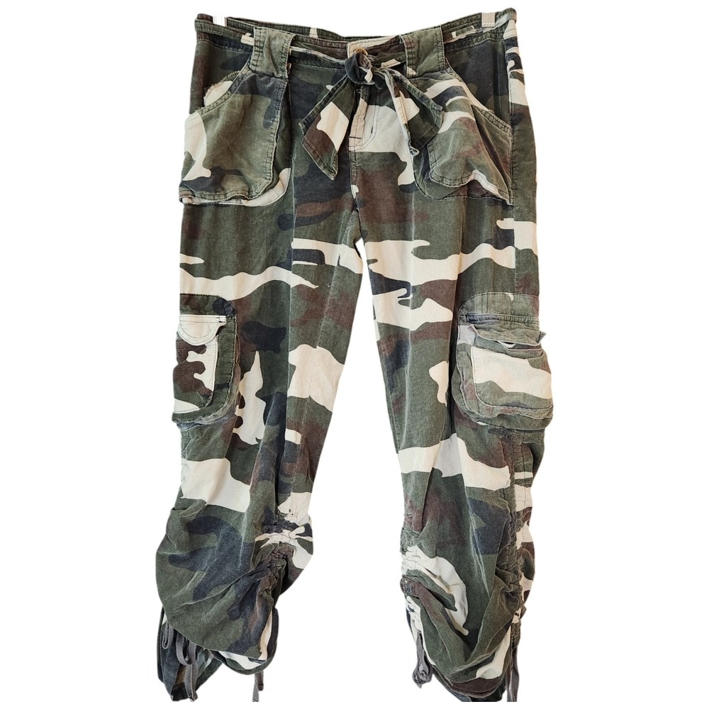 Vtg Y2K Camo Corduroy‎ Cargo Pants Camouflage Size 9 (32x24") Cinched Studded